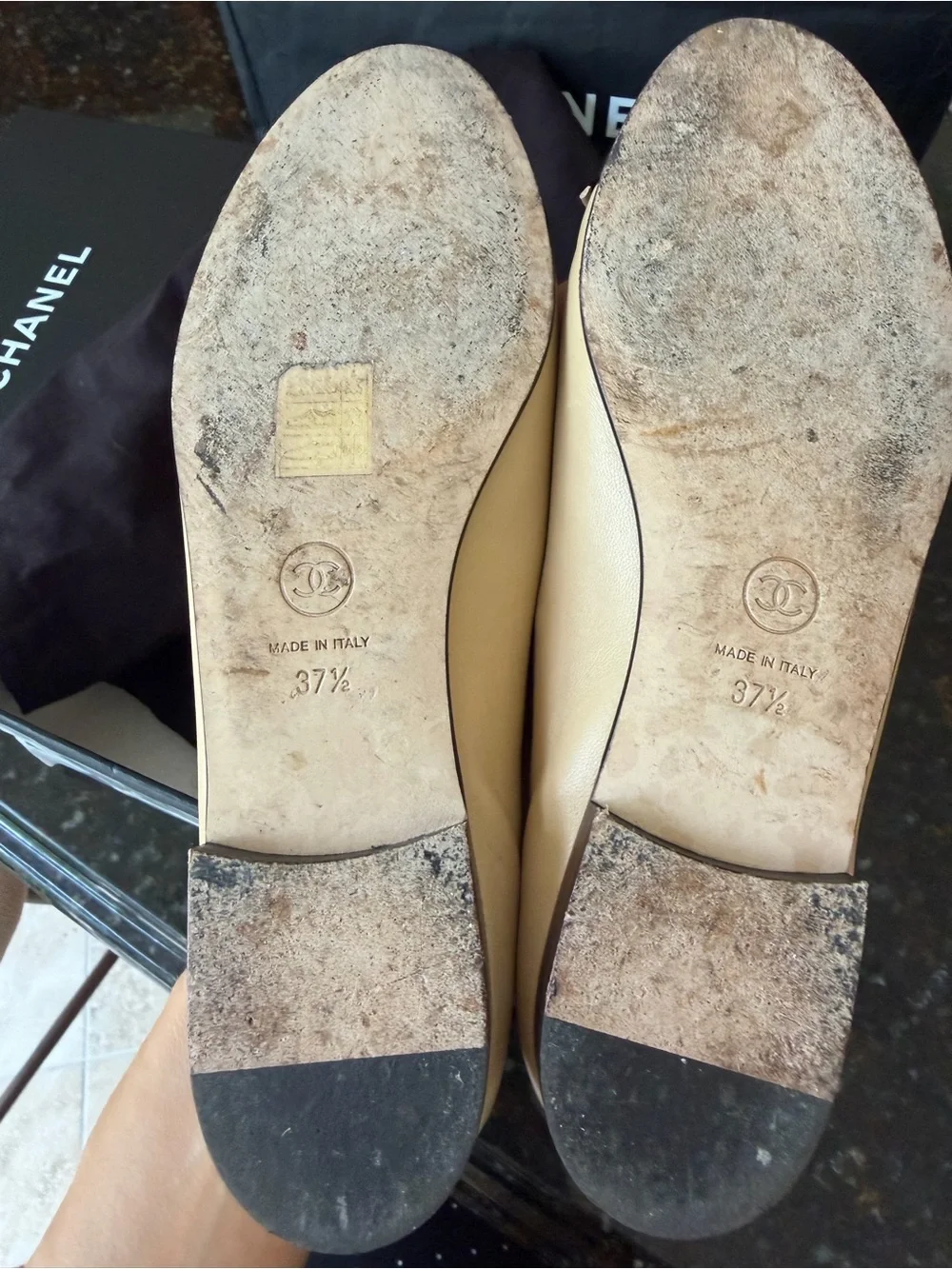CHANEL Two-Tone Tan and Black Leather Cap-Toe Ballet Flats